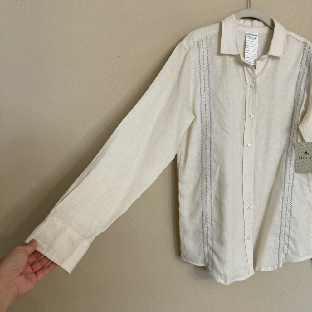 Mexican Guayabera Tulum Button Up Shirt White Blue NWT Size Medium Summer Beach